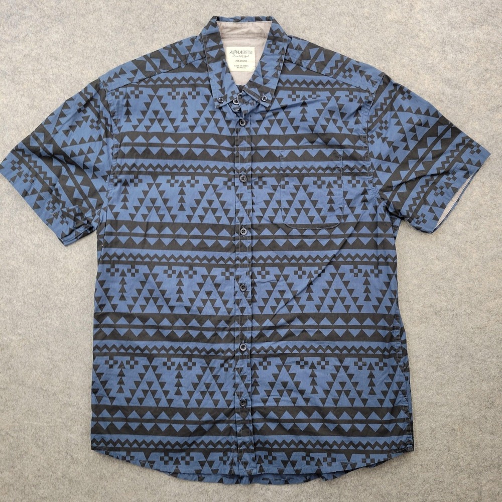 Alpha Beta Shirt Mens Medium Blue Tribal Cotton Button Front Short Sleeve Casual